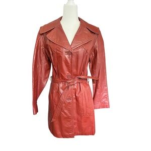 Vintage Dark Orange Leather Longline Trench Coat 70's Chic